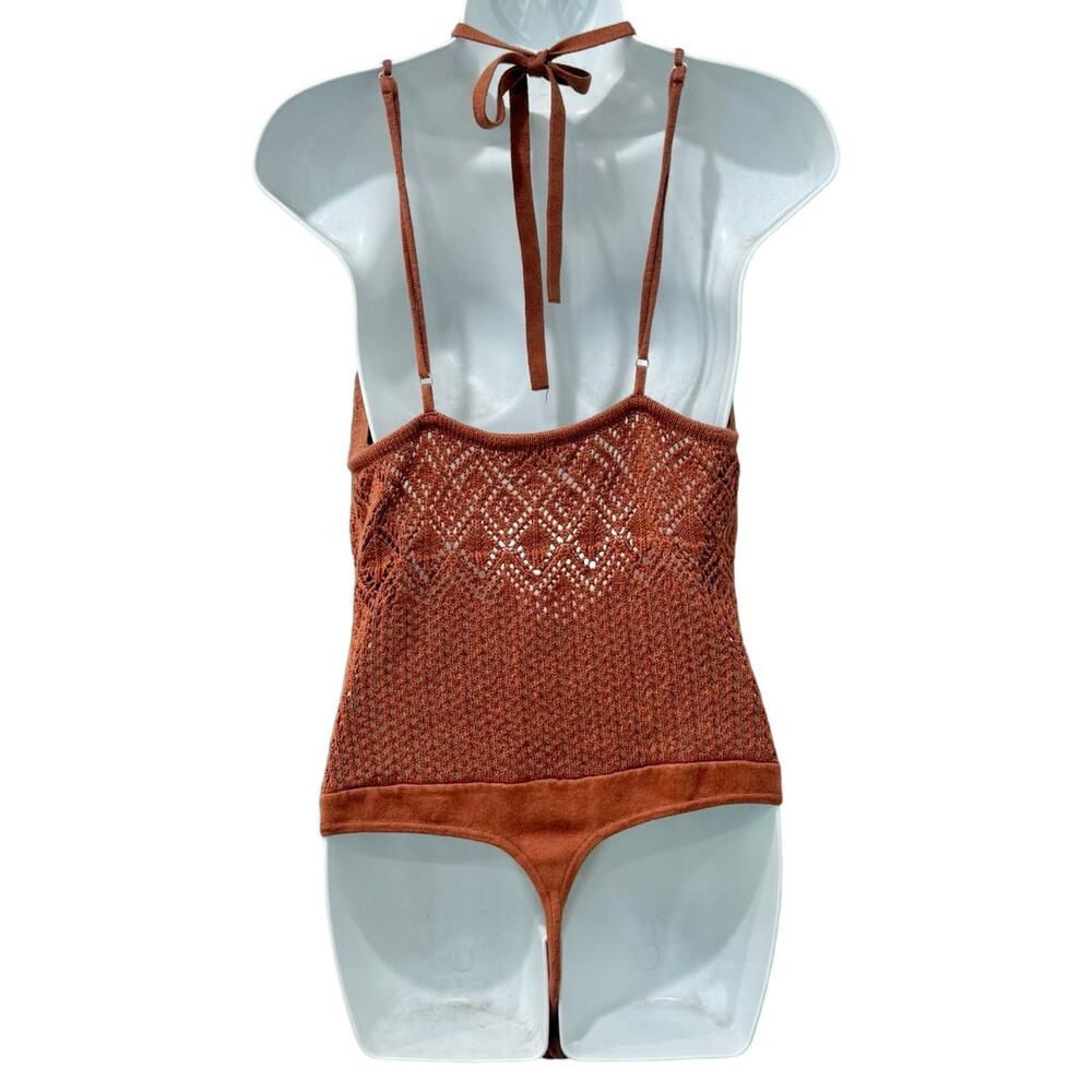 Abercrombie and Fitch Brown Thong Knit Crochet Halter Strappy Bodysuit Size L - Picture 4 of 10